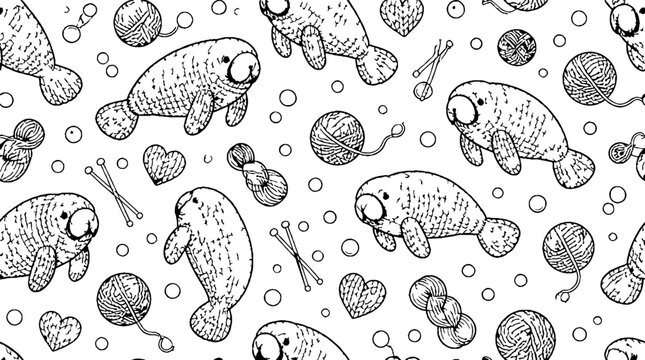 Whimsical Manatee Pattern with Knitting Supplies.