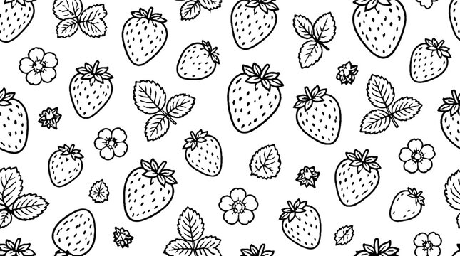 Hand drawn strawberry and leaf pattern illustration.
