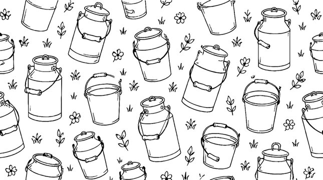 Repeating pattern of vintage milk churns and flowers.