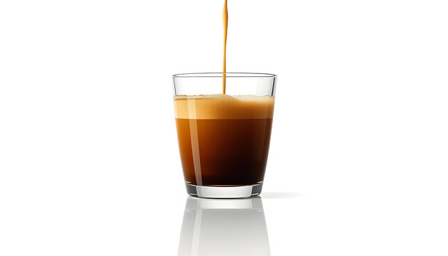  A close-up of rich dark espresso with golden crema being poured into a clear glass against a white background, 8k image