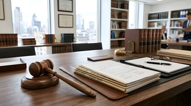 Lawyer's office desk with gavel, legal documents, and law books