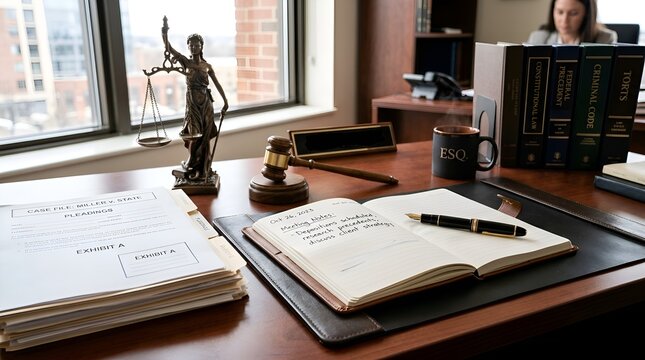 Lawyer's desk with gavel, scales of justice, notebook and law books