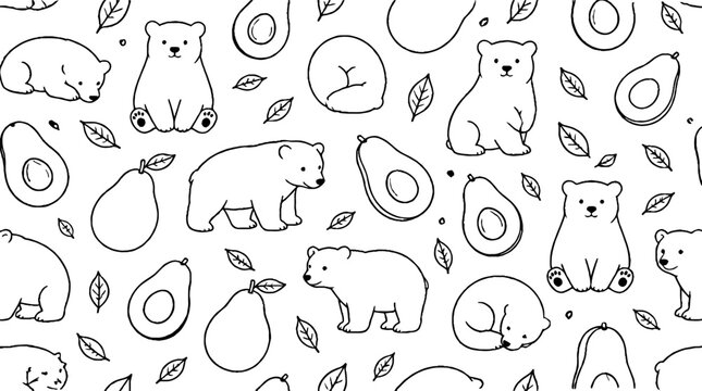 Cute bears and avocados in playful illustration style.