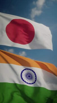 Japan and India Flags Waving under Blue Sky 4K Generative AI