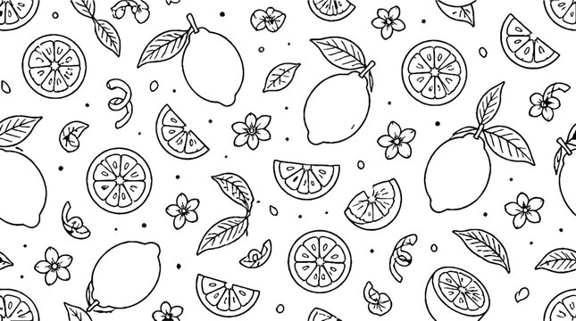 Hand drawn citrus fruits and leaves pattern design.