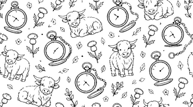 Whimsical cows and pocket watches seamless pattern design.