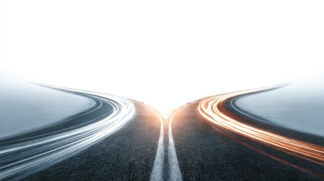 Two roads diverging in a bright, white expanse, with light trails indicating speed and movement. The scene evokes a sense of choice and future direction