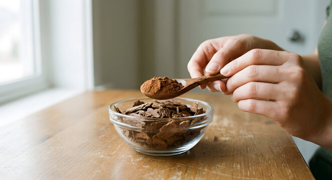 Person holding wooden spoon of brown herbal powder over bark