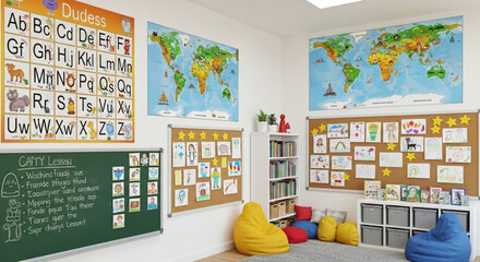 Empty Modern Kindergarten Classroom with Colorful Bean Bags, World Maps, and Alphabet Chart © SyedAizaz