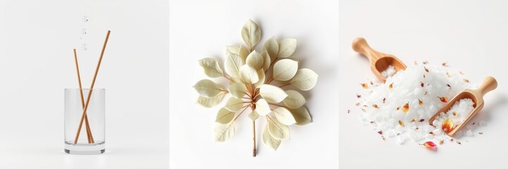 Fototapeta premium Minimalist composition. Diffuser sticks, magnolia bloom, coarse salt. Clean aesthetic, wellness focus, neutral tones present.