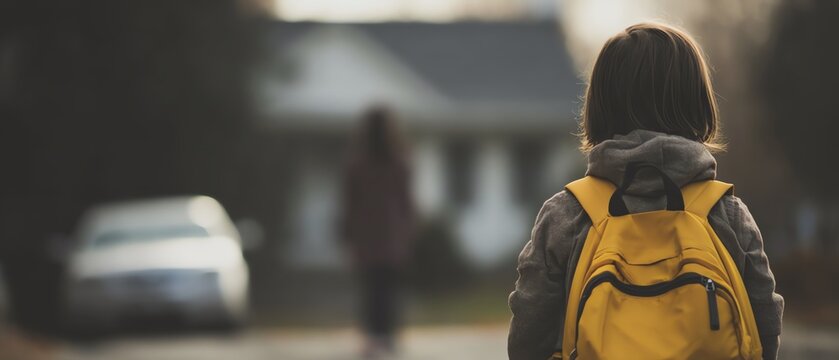 Child walking home with a yellow backpack.