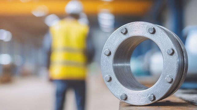 Metal pipe fitting in a factory setting.