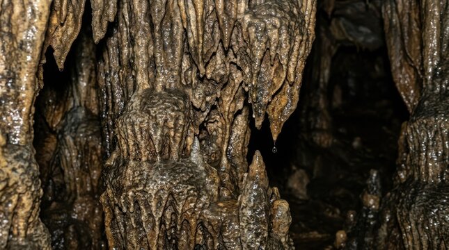 Close up of limestone stalactites and stalagmites inside a dark underground cave, natural geological rock formations with water dripping, speleology and earth science