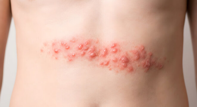 Close up of shingles rash blisters on human skin