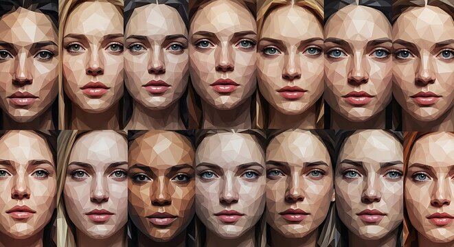 Diverse group of people with neutral expressions in rows.