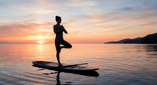 Silhouette of a woman practicing yoga on a paddleboard at sunset.