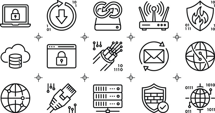 Network Security and Cloud Data Server Icon Set with Firewall and Router Symbols