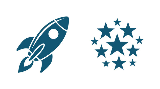 Graphic illustration of space rocket launching and star cluster with exploration astronomy technology transportation propulsion starfield celestial illustration silhouette minimalist