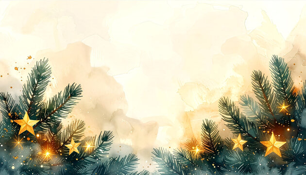 モミの木と金色の星の水彩風背景02_generated by AI