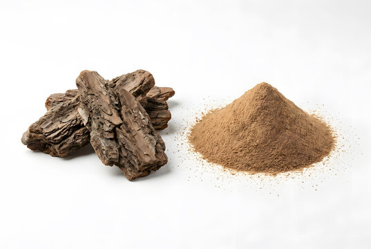 Pine bark pieces and mound of brown herbal extract powder