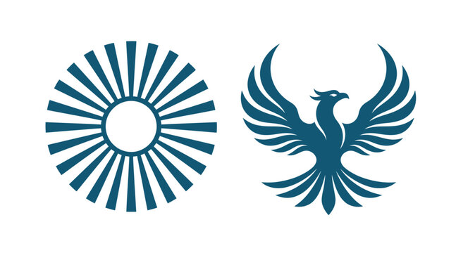Sun burst and phoenix bird graphic icon set with sunburst mythological spiritual firebird mystical creative abstract minimalist identity