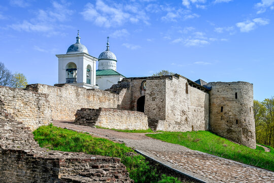 Main entrance to the Izborsk Fortress to the St. Nicholas Cathedral, Pskov region of Russia