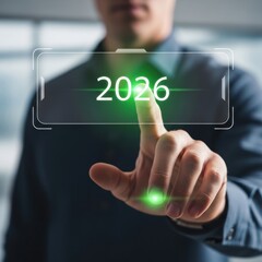Obraz premium Man engaging with futuristic digital panel featuring glowing 2026 date