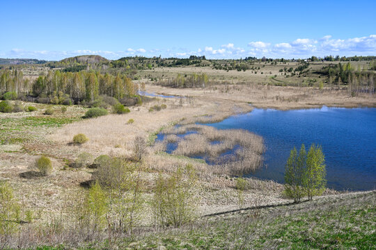 Spring landscape of the lake in the Malskaya Valley on a sunny day, Pskov region of Russia