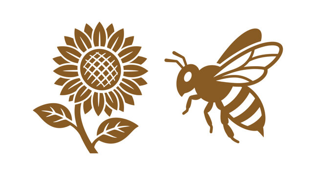 Sunflower and honey bee icon set with sunflower honeybee pollination wildlife botanical agriculture environment isolated illustration silhouette monochrome