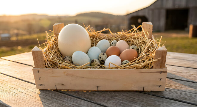 Diverse bird eggs in wooden crate on farm table at sunset
