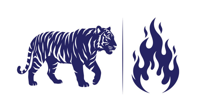 Graphic illustration of a prowling tiger and a rising flame with big cat predator wildlife strength dangerous illustration silhouette decorative abstract movement combustion