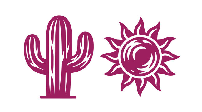 Graphic illustration of a cactus and a sun symbol in purple with illustration botanical southwest minimalist silhouette environment landscape creative isolated decorative