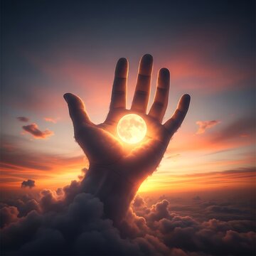 Silhouette of hands holding glowing light orbs against fiery sunset.