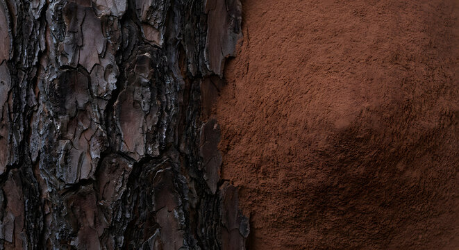 Textured pine tree bark next to fine brown extract powder