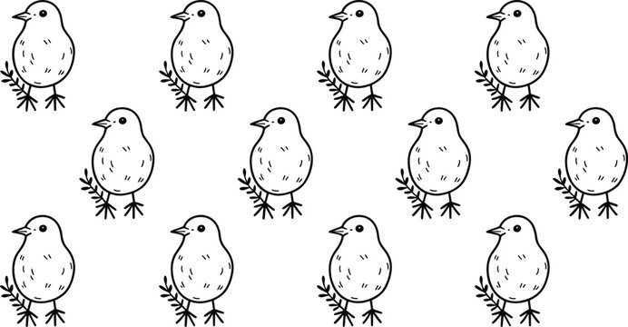 Cute cartoon little birds sketch set holding pine twigs or fern branches for festive winter and spring greeting cards