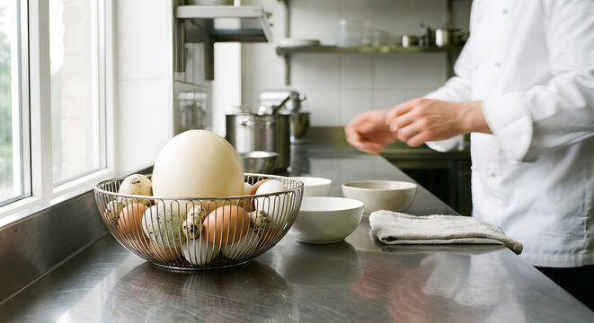 Chef in commercial kitchen with bowl of diverse eggs