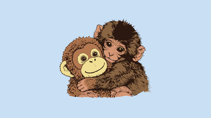 Cute baby monkey hugging a plush orangutan toy, retro graphic vector illustration for nursery wall art and children's apparel. © Rizky Fadel