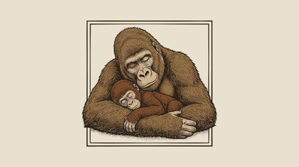 Tender vintage gorilla mother hugging sleeping baby ape, retro woodcut engraving illustration for nursery decor and wildlife conservation branding.