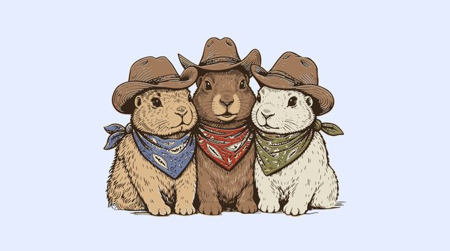 Whimsical western prairie rabbits wearing cowboy hats and bandanas, retro woodcut engraving illustration for t-shirt design and rustic branding.