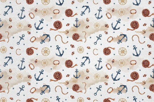 Seamless nautical pattern featuring watercolor of blue anchors, brown ropes, and compasses on a light textured off white background