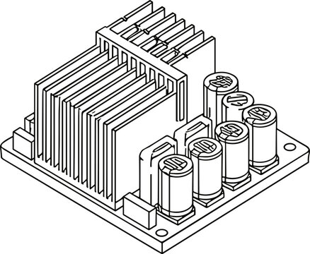 Electronic circuit board with heatsink and capacitors, schematic illustration