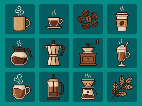 A Collection of Coffee Brewing and Drinking Icons Featuring Various Coffee Items
