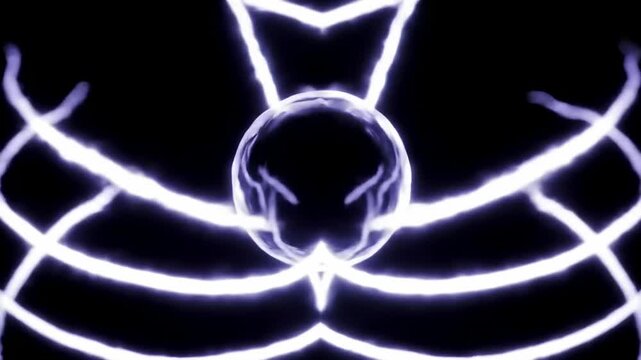 Abstract glowing plasma arcs radiating from a central sphere on a dark background, energy discharge, power generation, science experiment