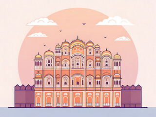 Obraz premium Jaipur Hawa Mahal, modern minimal vector style, elegant symmetry, vibrant Indian colors, tourism artwork