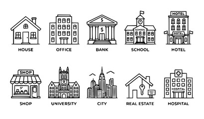 Fototapeta premium Building Outline Icons Set with House Office Bank School Hotel and Real Estate Symbols