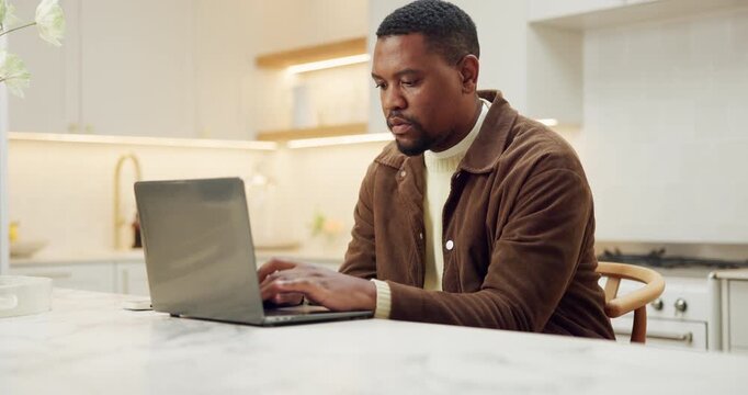 Laptop, typing and black man in home with remote work, check timesheet or report for HR administration. Human resources worker, person and review employee hours with computer, payroll and planning.