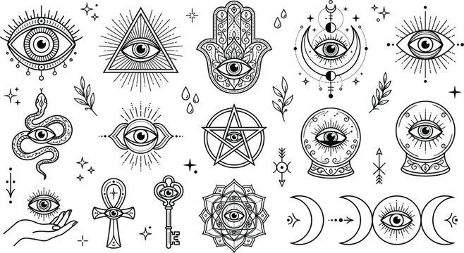 Mystical Occult Esoteric Icon Set with All Seeing Eye and Evil Eye Tattoo Symbols