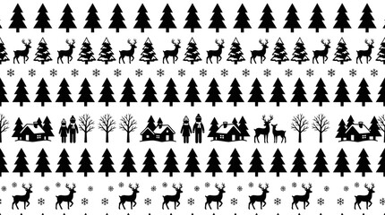 Winter landscape seamless pattern with reindeer houses and pine trees © khimsa