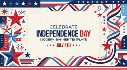 Naklejka premium A festive and modern banner template celebrating Independence Day with stars, stripes, and ribbons in red, white, and blue.