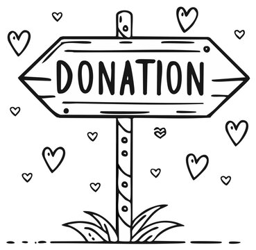 Hand-drawn wooden signpost with the word Donation and scattered hearts, representing charity and giving